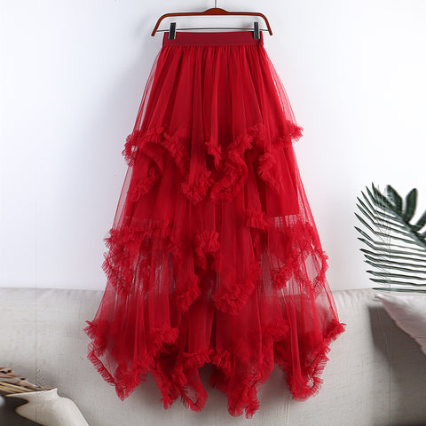 Women's High Waist Sweet Irregular Mesh Half-length Skirt