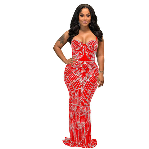 Women's Solid Color Rhinestone Mesh Sleeveless Shoulder Strap Dress