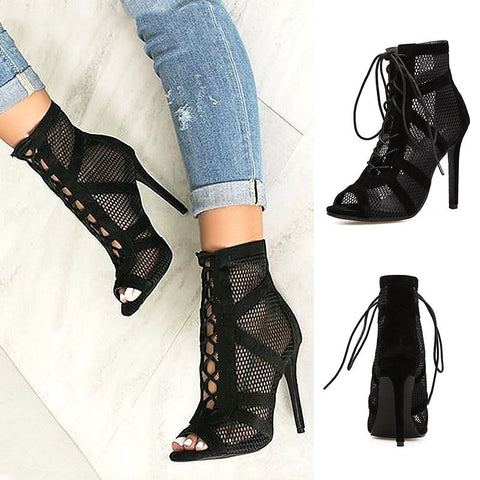 Sexy mesh openwork fish mouth high heel sandals