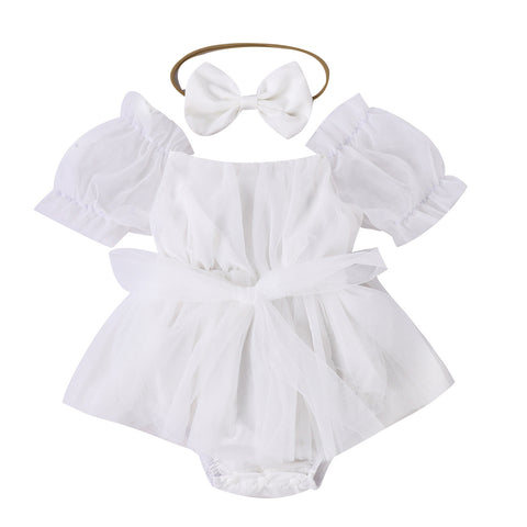 Baby Girl Solid Color Puff Sleeve Net Skirt Head Scarf Vest