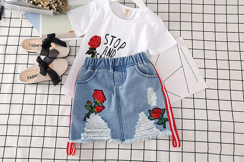 Summer New Korean Style Girls' Fashionable Embroidered Rose Short-sleeved T-shirt Denim Skirt Suit Two-piece Set