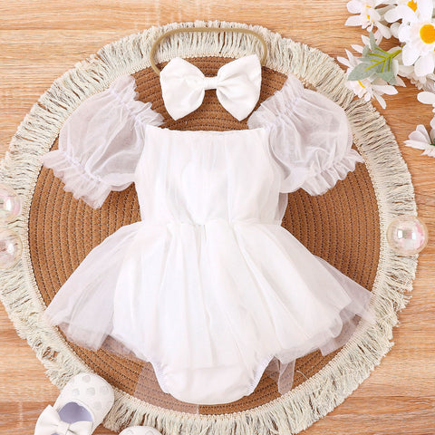 Baby Girl Solid Color Puff Sleeve Net Skirt Head Scarf Vest