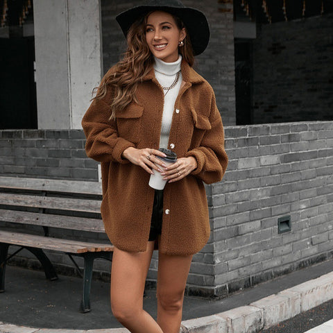 Teddy Wool Single-breasted Long-sleeved Woolen Coat