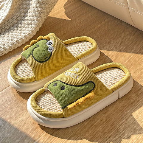 Sweat-absorbent Non-slip Breathable Thick-soled Cartoon Cute Little Dinosaur Linen Slippers