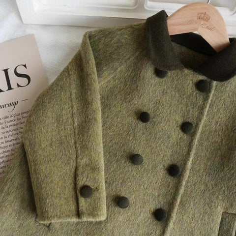 Children's Retro Army Green Woolen Coat Mid-length Woolen Coat