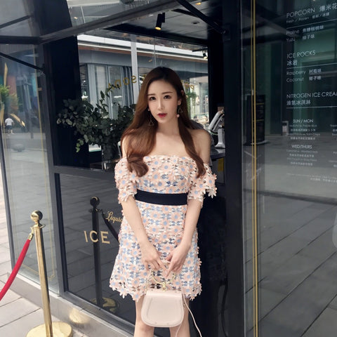 Summer Strapless Flower Three-dimensional Lace Waist Dress