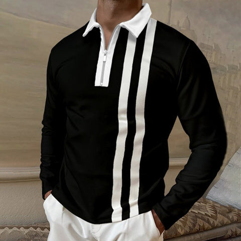 Men's Long-sleeved Lapel Collar Color-fitting Loose Polo Shirt