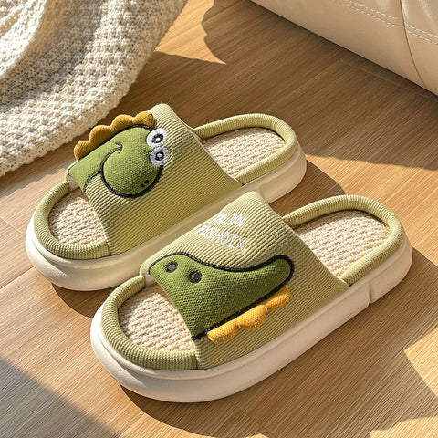 Sweat-absorbent Non-slip Breathable Thick-soled Cartoon Cute Little Dinosaur Linen Slippers