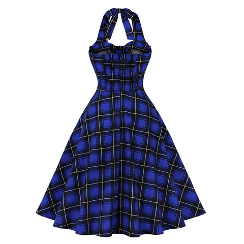 Women's Plaid Halter Lace-up Mid-length Large Swing Dress