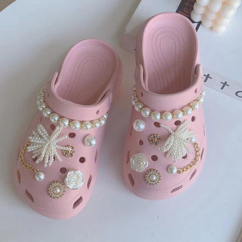 Trendy Hole Shoes Accessories Pearl Flower Chain