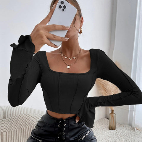 Spring And Summer New Slim Fit Long Sleeve Square-neck Pullover Knitted Top Women