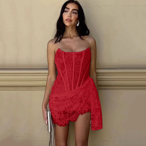 Lace Pattern Tied Slim Fit Mesh Tube Top Dress Women
