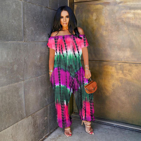 Stylish Loose Tie-Dye One-Shoulder Jumpsuit
