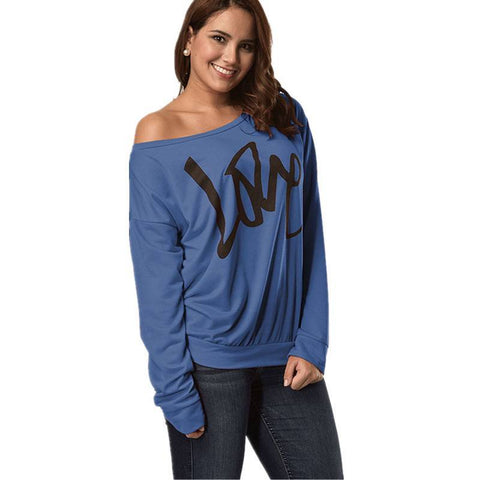 Autumn Women's Letter Love Print Sexy Leaky Off Shoulder Long Sleeve Purple Green Yellow Tees Sweat Shirt Tops
