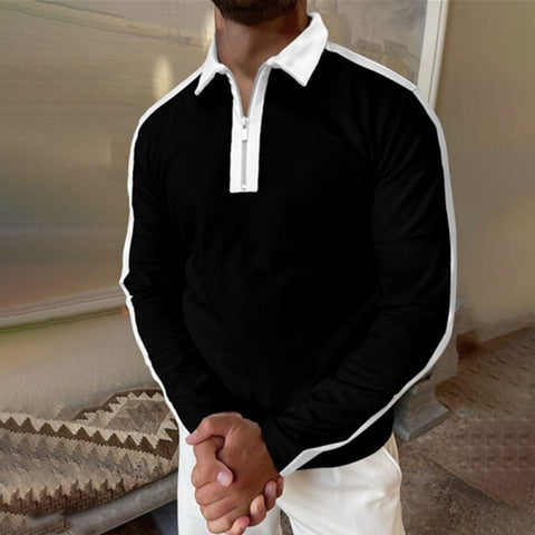 Men's Long-sleeved Lapel Collar Color-fitting Loose Polo Shirt