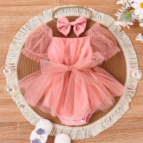 Baby Girl Solid Color Puff Sleeve Net Skirt Head Scarf Vest