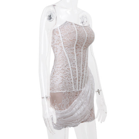 Lace Pattern Tied Slim Fit Mesh Tube Top Dress Women