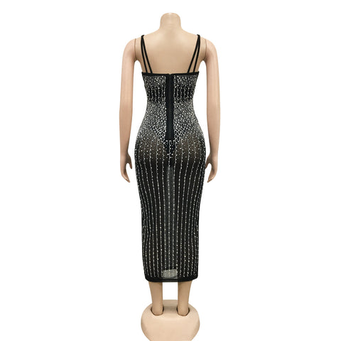 Mesh See-through Rhinestone-studded Sling Dress