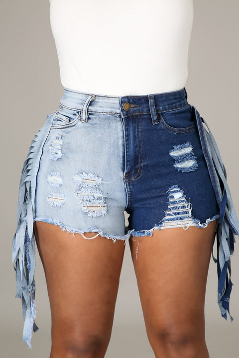 SXY Two Tone Fringe Trim Raw Hem Denim Shorts
