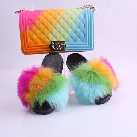 Summer Ladies Plush Slippers Jelly Bag Set