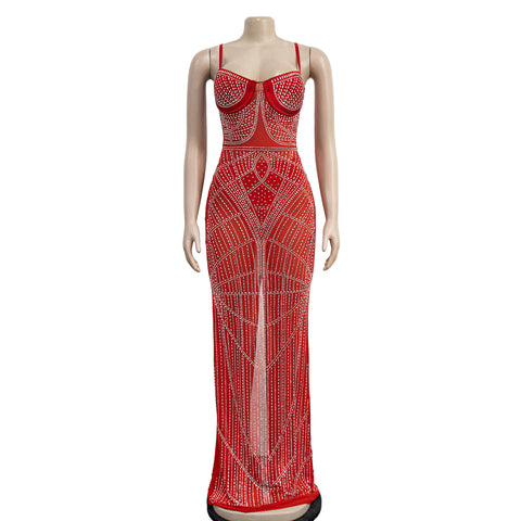Women's Solid Color Rhinestone Mesh Sleeveless Shoulder Strap Dress