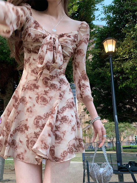Purple Square Collar Floral Chiffon Women's Long Sleeve Printed Waist-controlled Elegant Dress