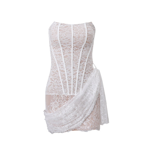 Lace Pattern Tied Slim Fit Mesh Tube Top Dress Women