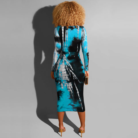 Tie-dye printed V-neck midi dress
