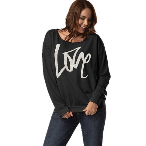 Autumn Women's Letter Love Print Sexy Leaky Off Shoulder Long Sleeve Purple Green Yellow Tees Sweat Shirt Tops