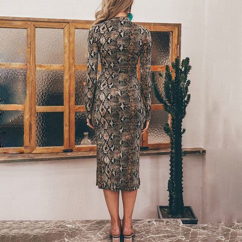Snake Print Long Sleeve Pack Hip Sexy Slim Dress