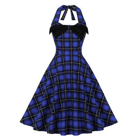 Women's Plaid Halter Lace-up Mid-length Large Swing Dress