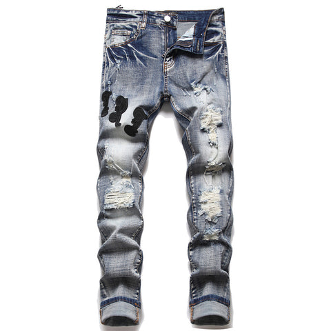 Retro Blue Ripped Slim Elastic Printing Printing And Dyeing Feet Men's Jeans