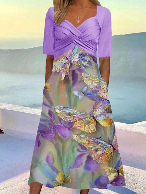 Women's Fashionable Elegant Butterfly Print Midi Dress