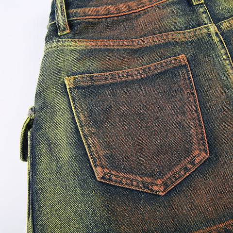 Women's Fashion Color Contrast Washing Tooling Denim Skirt