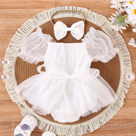 Baby Girl Solid Color Puff Sleeve Net Skirt Head Scarf Vest