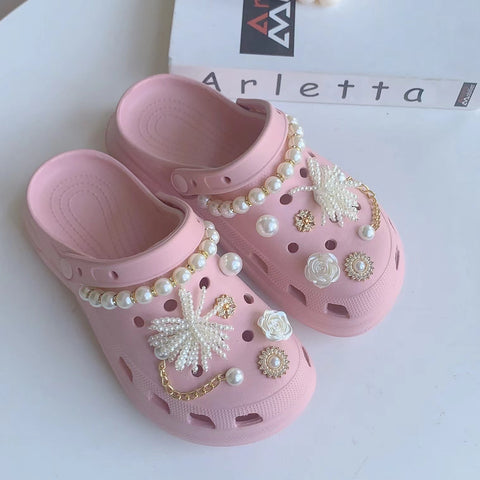 Trendy Hole Shoes Accessories Pearl Flower Chain