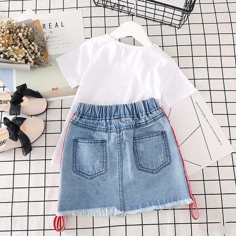 Summer New Korean Style Girls' Fashionable Embroidered Rose Short-sleeved T-shirt Denim Skirt Suit Two-piece Set