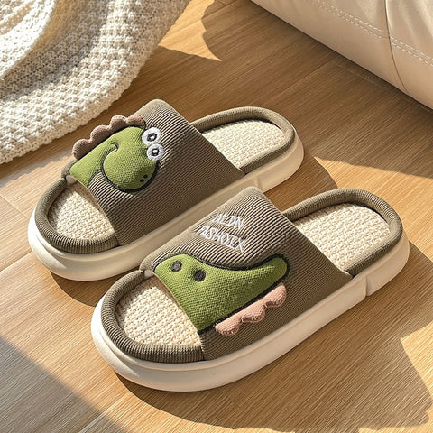 Sweat-absorbent Non-slip Breathable Thick-soled Cartoon Cute Little Dinosaur Linen Slippers
