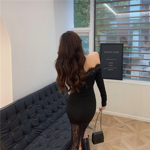 Winter Ladies Off-shoulder Lace Crocheted Midi Dress Slim-fit Sheath Dress For Women