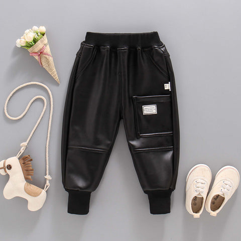 Boys Autumn And Winter Leather Pants, Boys One-piece Cotton Pants