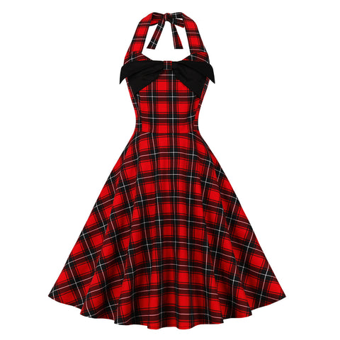 Women's Plaid Halter Lace-up Mid-length Large Swing Dress