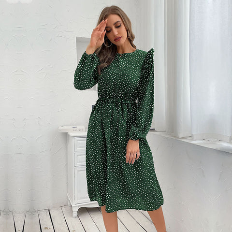 Women's Ruffle Polka Dot Long Sleeve Dress In Autumn And Winter