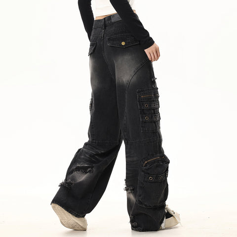 Washed Hole Denim Overalls Men