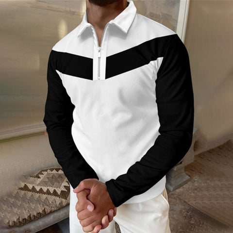Men's Long-sleeved Lapel Collar Color-fitting Loose Polo Shirt