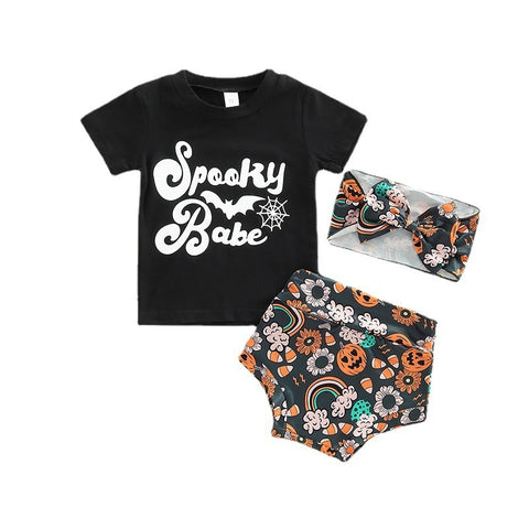 European And American Girls Halloween Alphabet Print Short Sleeve Suit