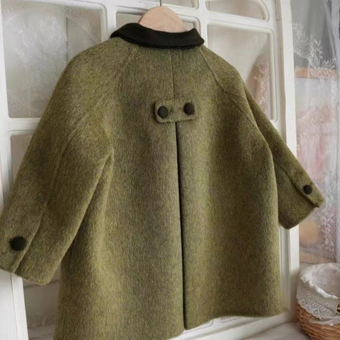 Children's Retro Army Green Woolen Coat Mid-length Woolen Coat