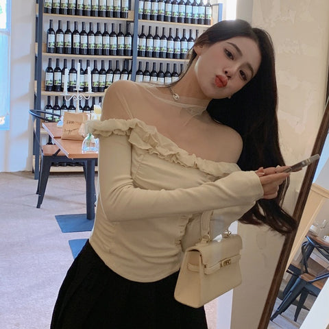Spring French Style Design Lace Slimming Patchwork Sweet And Spicy Top For Women