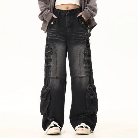 Washed Hole Denim Overalls Men