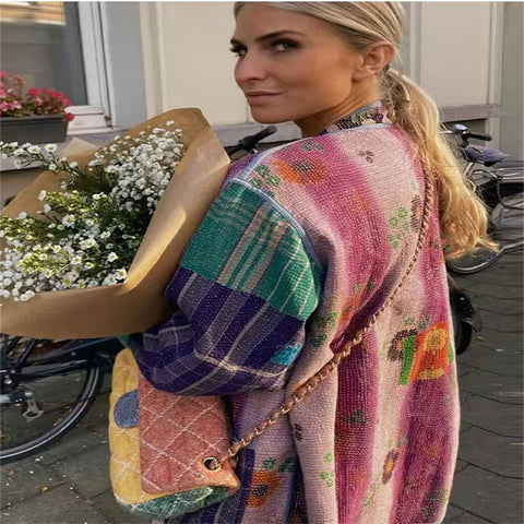 Mid-length Multicolor Printing Cotton Coat Jacket Women