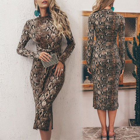 Snake Print Long Sleeve Pack Hip Sexy Slim Dress